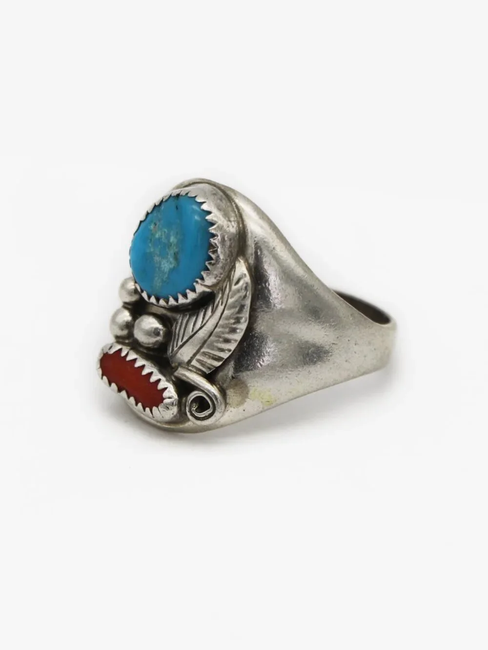Native American Navajo Sterling Silver Turquoise Coral Ring